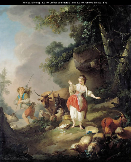 Les oeufs casses A shepherdess startled by a drover and his cattle in a pastoral landscape - Jean-Baptiste Huet