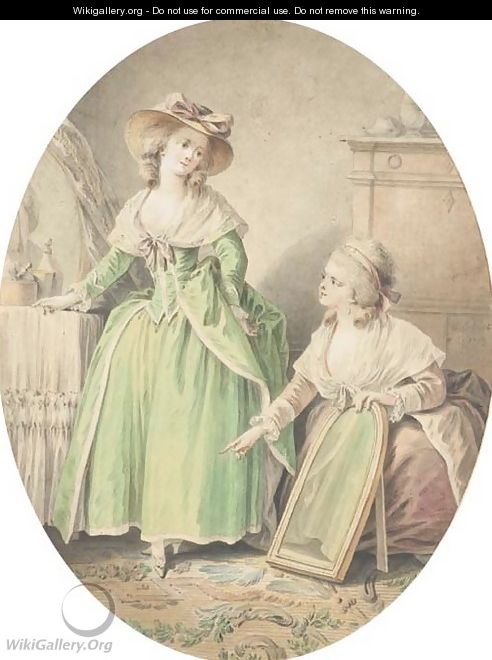 A girl looking at her shoes in a mirror held by a kneeling maid - Jean-Baptiste Huet
