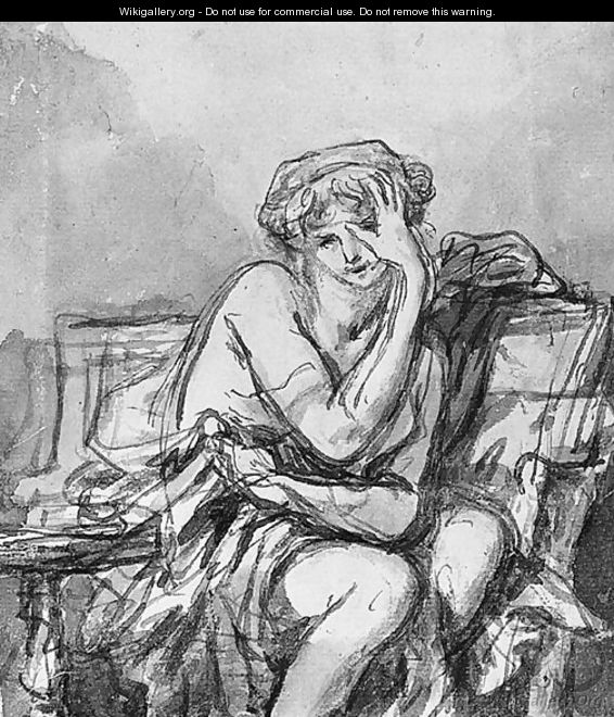 A seated semi-clad Woman - Jean Baptiste Greuze