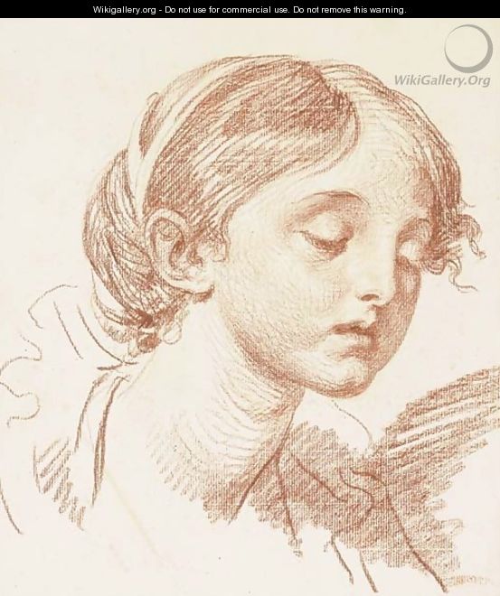 Head of a girl looking down, in three-quarter profile to the right - Jean Baptiste Greuze