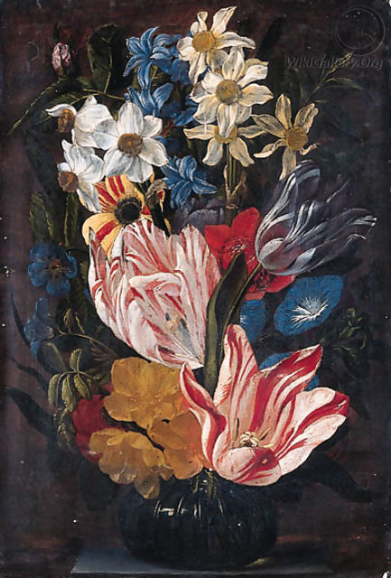 Tulips, roses, anemones, daffodils, hyacinths, morning glory and other flowers in a glass vase on a stone ledge - Jan van den Hecke