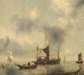 A kaag and a smak in a calm, with fishermen pulling in their catch from a rowing-boat in the foreground, a Dutch frigate and other boats beyond - Jan Van De Capelle