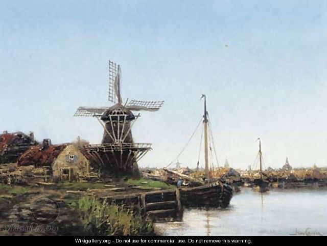 A Barge moored by a windmill before a Dutch town - Jan van Vlaardingen Couver