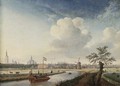 A cappricio view of The Hague, with figures walking along a river and a barge - Jan ten Compe