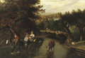 A wooded landscape with peasants in a horse-drawn cart travelling down a flooded road - Jan Siberechts