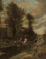 A horse-drawn cart with two women travelling down a flooded road at the edge of a wood - Jan Siberechts