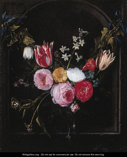 A swag of roses, tulips, an anemone and other flowers with a butterfly at a feigned stone niche - Jan van Kessel