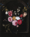 A swag of roses, tulips, an anemone and other flowers with a butterfly at a feigned stone niche - Jan van Kessel