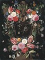 A garland of tulips, roses, morning glory, an iris, clematis and other flowers surrounding a sculpted stone cartouche with a red admiral - Jan van Kessel
