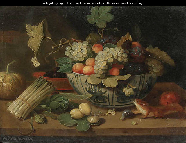 A bowl of fruit, a bundle of asparagus, an artichoke, a bowl of figs, a squirrel, a melon and a sprig of plums on a ledge - Jan van Kessel