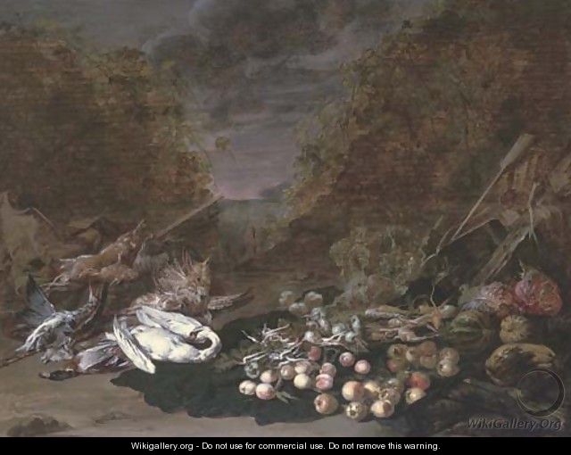 A swan, a mallard, a bittern, rabbits and fruits and vegetables, a landscape beyond - Jan van Kessel