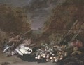 A swan, a mallard, a bittern, rabbits and fruits and vegetables, a landscape beyond - Jan van Kessel