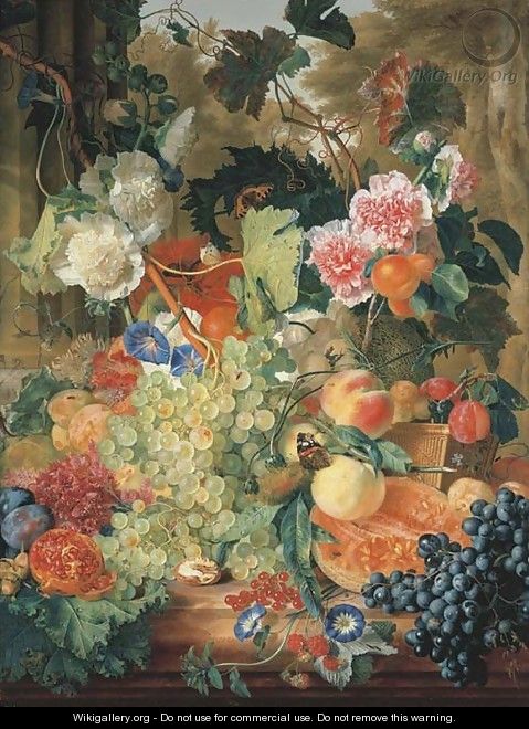 Green grapes on the vine with morning glory, pink and white hollyhocks, a red opium poppy, a walnut, hazelnuts, a split melon, a pomegranate - Jan Van Huysum