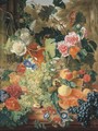 Green grapes on the vine with morning glory, pink and white hollyhocks, a red opium poppy, a walnut, hazelnuts, a split melon, a pomegranate - Jan Van Huysum
