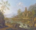 An Italianate river landscape with a muleteer and anglers, a hilltop town beyond - Jan Van Huysum