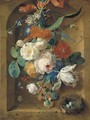 A festoon of flowers hanging from a red ribbon in a stone niche with a bird's nest - Jan Van Huysum