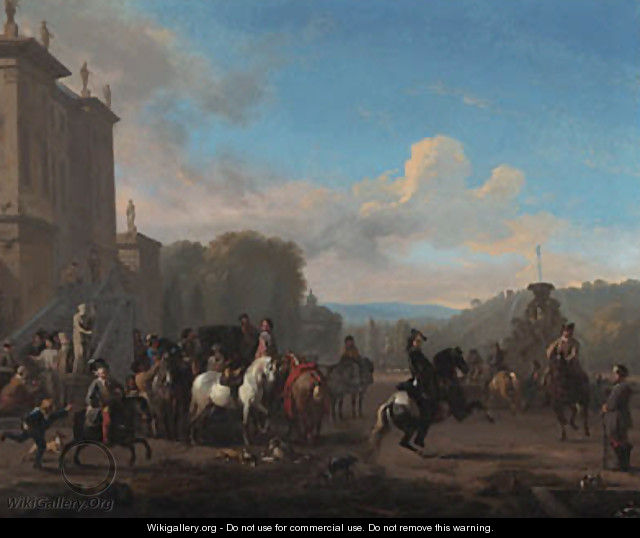 A hunting party by a fountain outside a mansion - Jan von Huchtenburgh