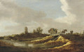 A river landscape with figures in a horse-drawn cart crossing a bridge, a village with a church beyond - Jan van Goyen