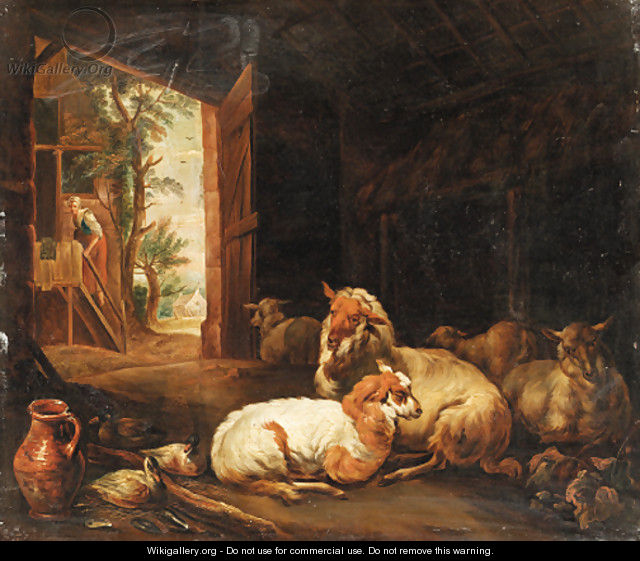 The interior of a barn with sheep and ducks resting, a maid entering a house beyond - Jan van Gool
