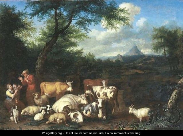 A wooded landscape with a herdsman and shepherdess resting with their flocks - Jan van Gool