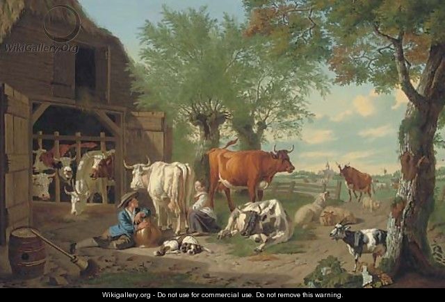 A farmyard with a milkmaid and a herdsman - Jan van Gool
