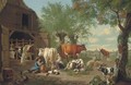 A farmyard with a milkmaid and a herdsman - Jan van Gool