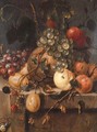 Bunches of grapes, raspberries, plums, a melon, peaches and apricots with a snail on a ledge - Jan van Doornik