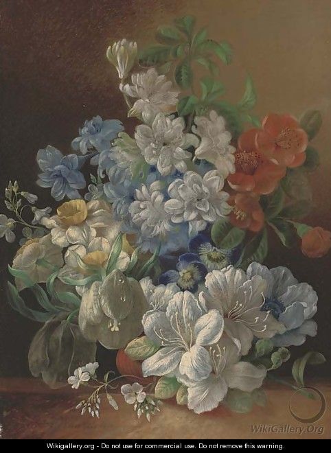 Narcissae, pansies, lillies and other summer blooms in a vase on a ledge - Jan Van Der Waarden