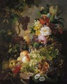 A still life with fruit and flowers amongst vines on a ledge - Jan Van Der Waarden