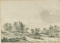 An wooded landscape with travellers by a fence - Jan van der Meer