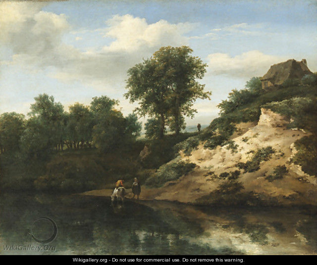 A wooded river landscape with figures conversing and a horse watering, a cottage on a hill beyond - Jan the Elder Vermeer van Haarlem