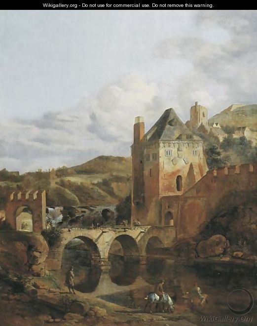A river landscape with a fortified castle and a bridge - Jan Van Der Heyden