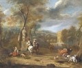 Elegant company on horseback by a fountain in a wooded landscape - Jan Van Der Bent