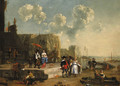 A capriccio of a Mediterranean harbour with elegant travellers, a moor and an oriental merchants, and other figues - Jan Van Der Bent