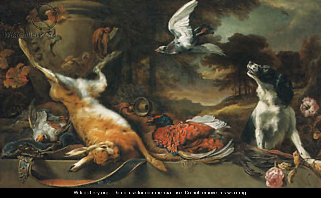 A spaniel and a pigeon with a brace of partridge, a cock pheasant and a hare, a horn, and a satchel with a stone urn on a ledge with roses - Jan Weenix