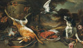 A spaniel and a pigeon with a brace of partridge, a cock pheasant and a hare, a horn, and a satchel with a stone urn on a ledge with roses - Jan Weenix