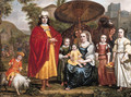 Portrait historie of a family in a landscape a gentleman, standing small full length and his wife, seated small full length - Jan Victors