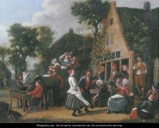 Peasants making merry and a wagon halting outside an inn - Jan Victors