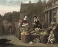 A woman and child purchasing fruit at a market - Jan Victors