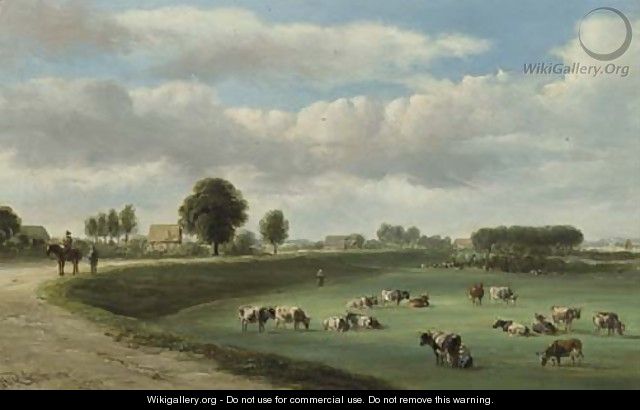A panoramic view of a river landscape with cows in the forelands - Jan Van Ravenswaay
