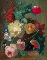 Roses, a poppy, bougainvillea, peonies, morning glory, primulas and a coxcomb in a terracotta vase with a bird's nest on a marble ledge - Jan van Os