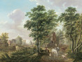 A peasant watering cattle near a farmhouse, in a wooded landscape - Jan Van Limmen