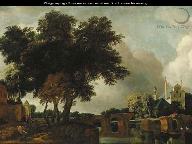 A wooded river landscape with a stone bridge, a church beyond - Jan Van Kessel III