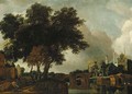 A wooded river landscape with a stone bridge, a church beyond - Jan Van Kessel III