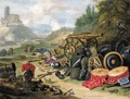 Weapons and accoutrements of war in a battlefield, a river and a church on a hill beyond - Jan van Kessel