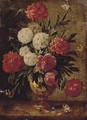 Roses, carnations, morning-glory and other flowers with ants in a gold sculpted urn, with a caterpillar and butterflies on a wooden ledge - Jan van Kessel
