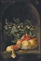 Plums and hazelnuts on a tazza, with lemons, oranges and a pomegranate in a basket on a table, with a partly-peeled lemon and a pomegranate segment - Jan van Kessel