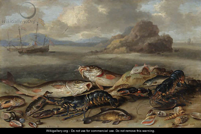 Lobsters, red mullet, halibut, flounder and other fish, with sea shells on a beach, shipping beyond - Jan van Kessel