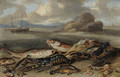 Lobsters, red mullet, halibut, flounder and other fish, with sea shells on a beach, shipping beyond - Jan van Kessel