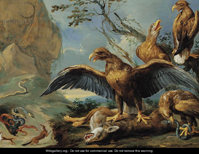 Eagles and serpents attacking foxes - Jan van Kessel